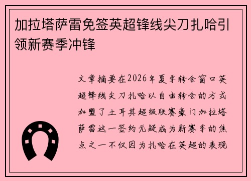 加拉塔萨雷免签英超锋线尖刀扎哈引领新赛季冲锋 加拉塔萨雷免签英超锋线尖刀扎哈引领新赛季冲锋