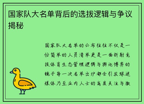 国家队大名单背后的选拔逻辑与争议揭秘